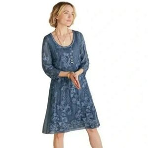 Soft Surroundings 100% Silk Starling Dress Petite Small Blue Embroidered Boho